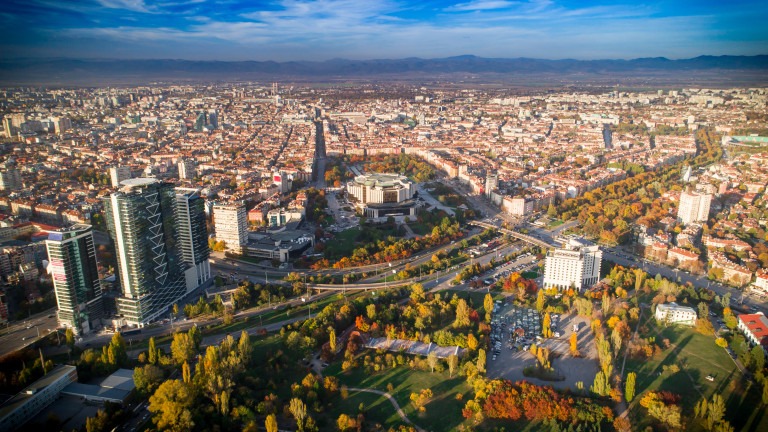 Gorgeous drone shot above Sofia city downtown in autumn